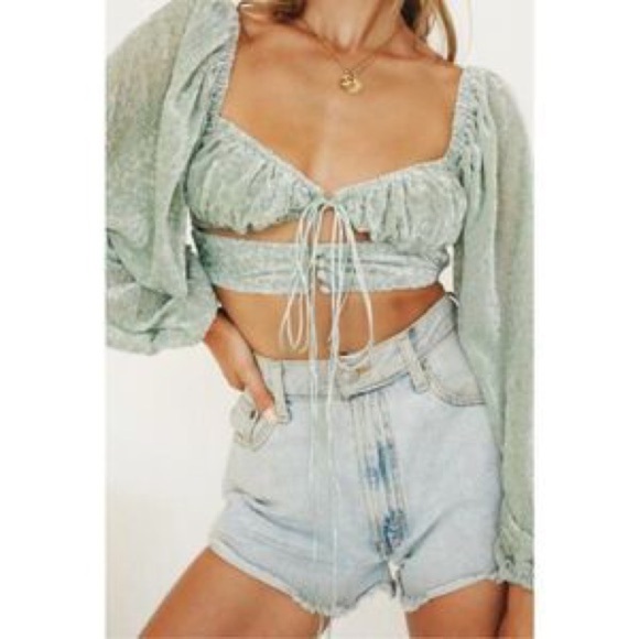 Vrg grl twist crop top tie 2 button shirred bustier abstract poplin puff balloon - Picture 2 of 11